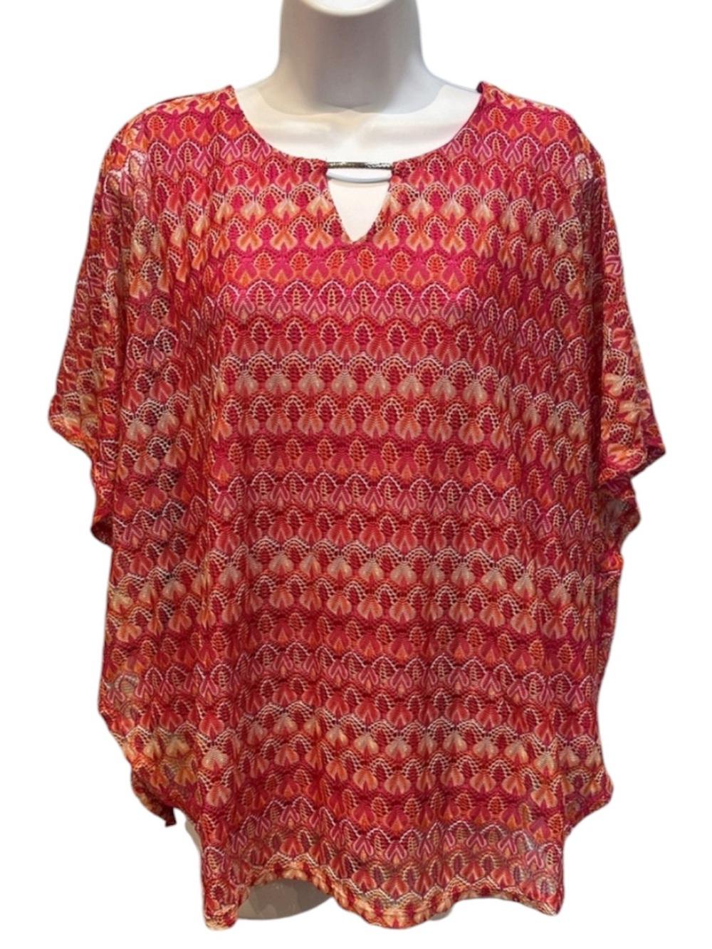 JM Collection Orange and Pink Crochet Blouse Poncho Large